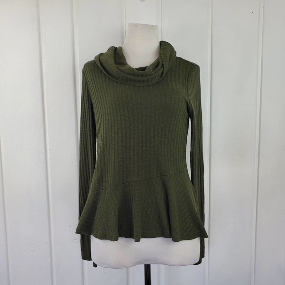 Maeve Tops - Maeve by Anthropologie Green Peplum Waffle Knit Cowl Neck Top Sz S